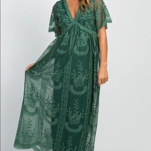 Teal Green Lace Mesh Overlay Maternity Maxi Dress